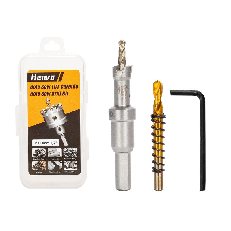 Henvo Hole Saw 1/2" (13mm) Heavy Duty Carbide with 2 Pilot Drill Bits - Metal Hole Cutter Cuts Stainless Steel, Iron, Copper, Brass, Plastic - Image 1